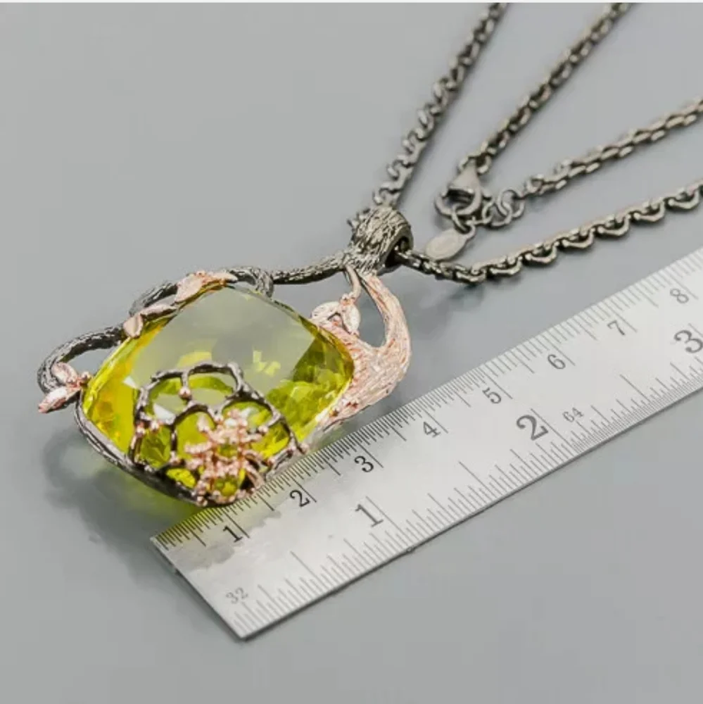 HOST PICK! HUGE 43.4k Yellow Quartz w/Peridot Spider Sterling & Rhodium 18" - Picture 6 of 15